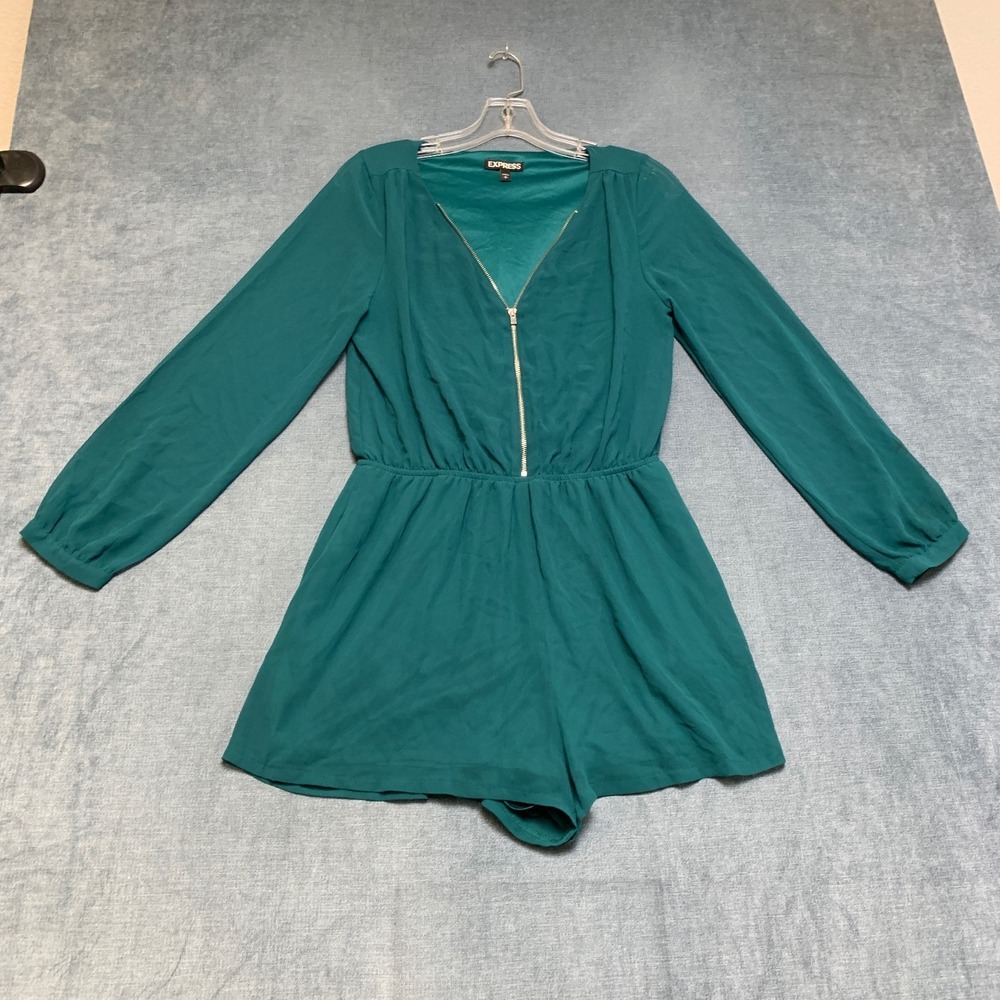 Express Long Sleeve Romper Women Small Petite Teal Green Front Zip Elastic Waist